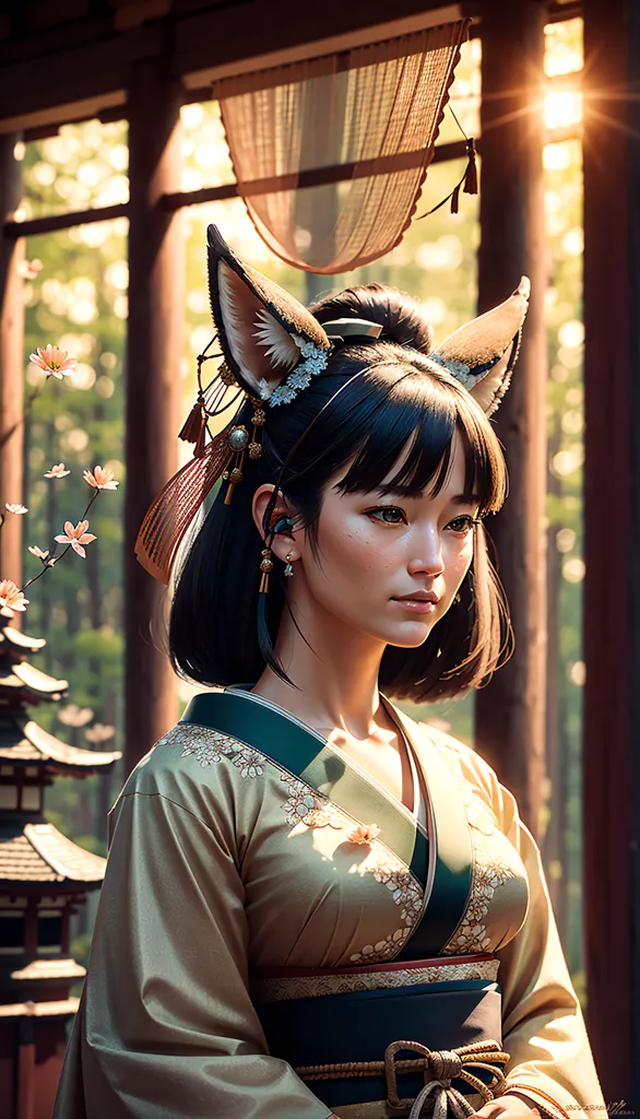 La imagen muestra a una hermosa chica asiática con el cabello negro y largo, y orejas de zorro. Está vestida con un kimono japonés tradicional con un patrón floral y un obi verde. La chica está de pie en una casa japonesa tradicional, y hay flores de cerezo en el fondo.