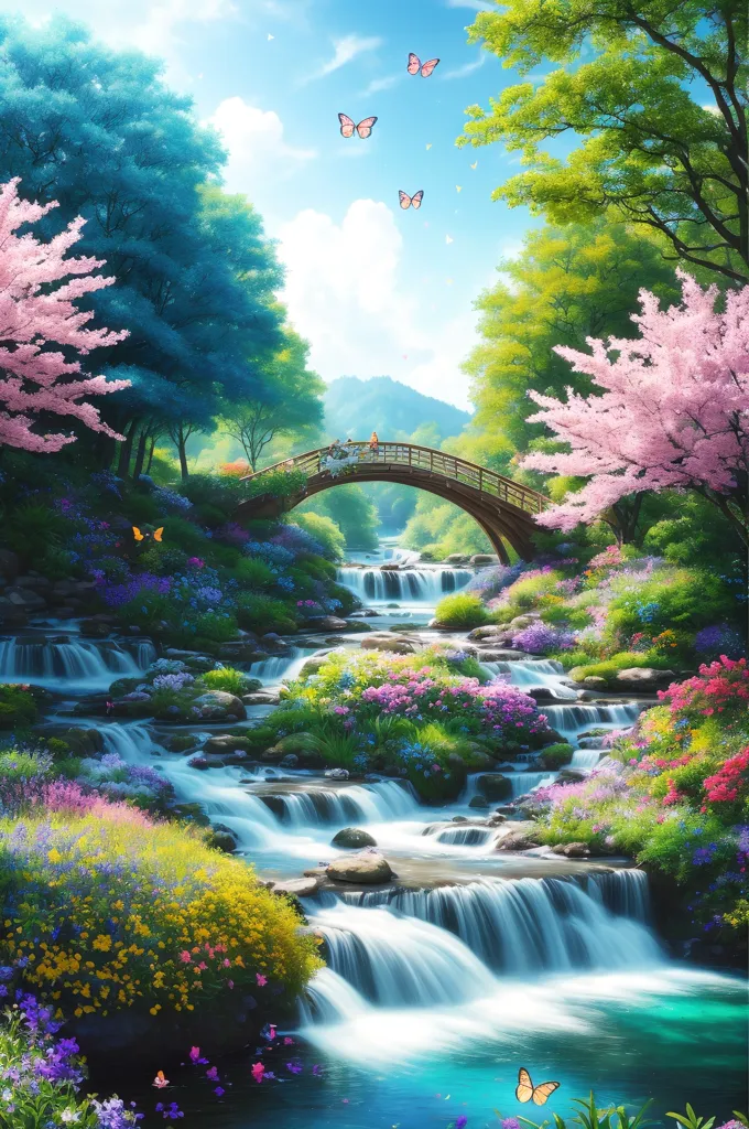 The image is a beautiful landscape painting. It shows a river flowing through a forest. The river is surrounded by green trees and flowers of various colors. There is a small bridge over the river. The sky is blue and there are some clouds in the sky. There are also some butterflies flying around. The painting is very peaceful and serene.