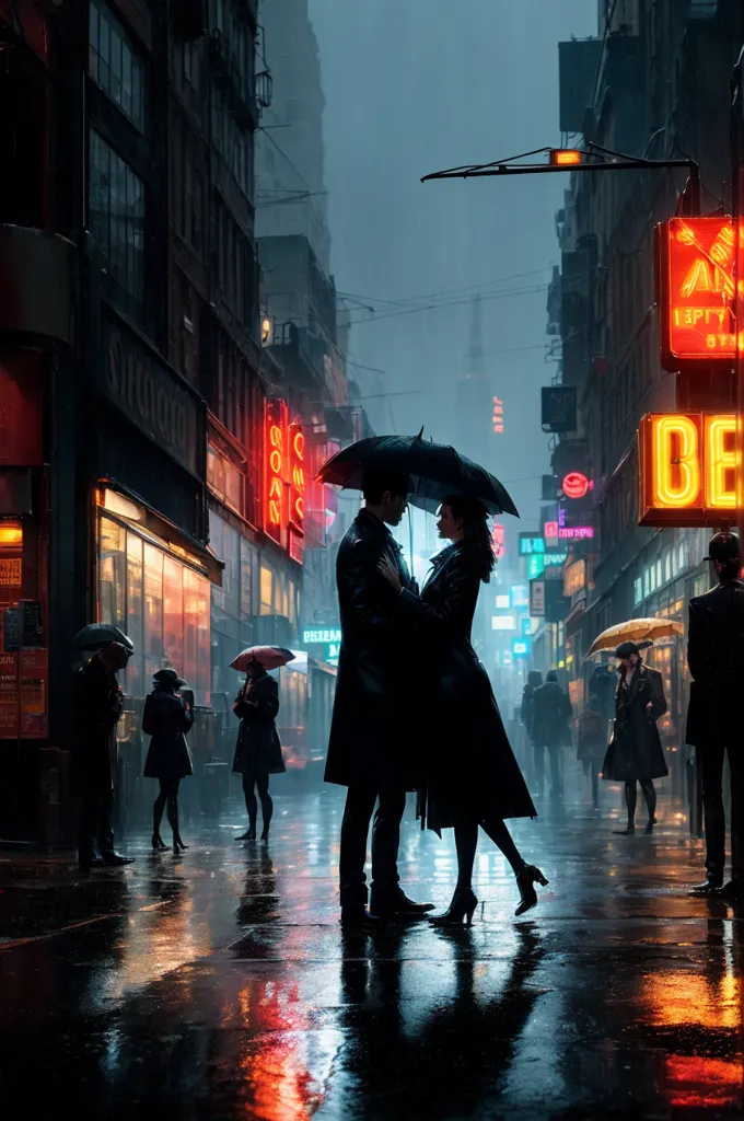 The image is set in a rainy city street at night. The street is lit by the red and yellow lights of the shops and restaurants. There are people walking in the street, all of them wearing raincoats and carrying umbrellas. In the foreground of the image, there is a couple standing in the rain, embracing each other. The man is wearing a black suit and hat, and the woman is wearing a black dress. They are both looking at each other.