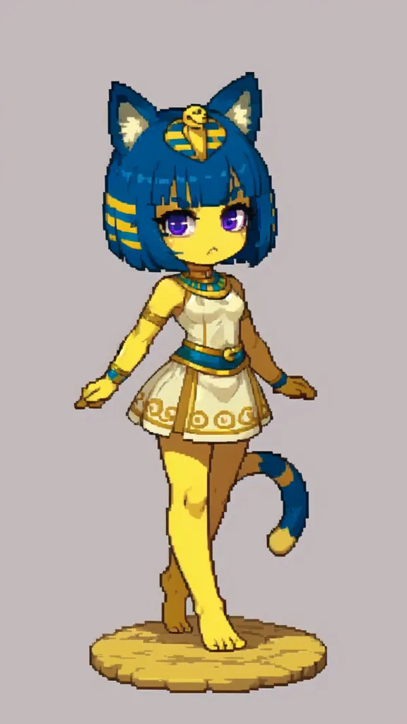 Esta imagem é de uma garota-gato de estilo anime com cabelo azul e orelhas de gato. Ela está usando um traje de estilo egípcio com um vestido branco e um cinto dourado. Ela também está usando um colar e tem uma cobra em sua cabeça. Ela está em pé em uma pequena plataforma. O fundo é branco.