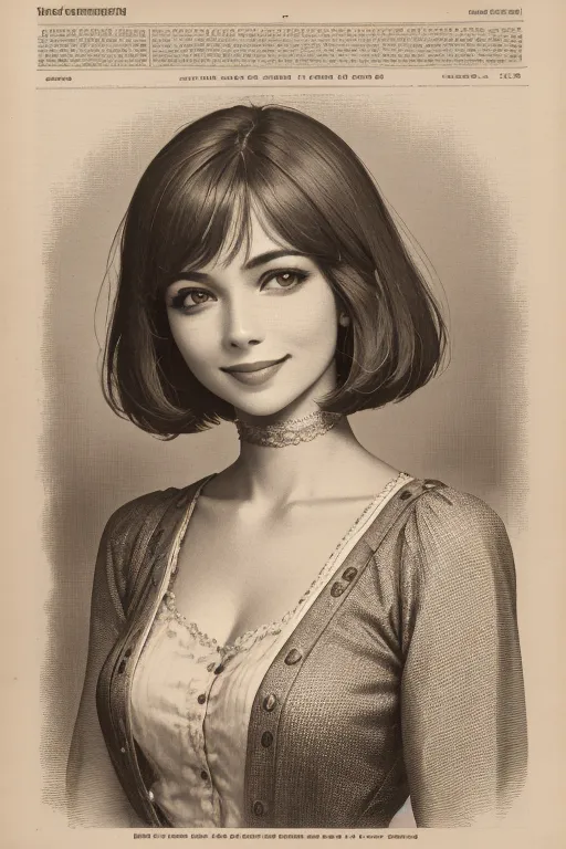 Gambar tersebut menunjukkan seorang wanita muda dengan rambut coklat pendek. Dia mengenakan blus putih dengan kerah Peter Pan dan sweater kardigan abu-abu. Gambar tersebut dalam nada sepia dan memiliki nuansa vintage.