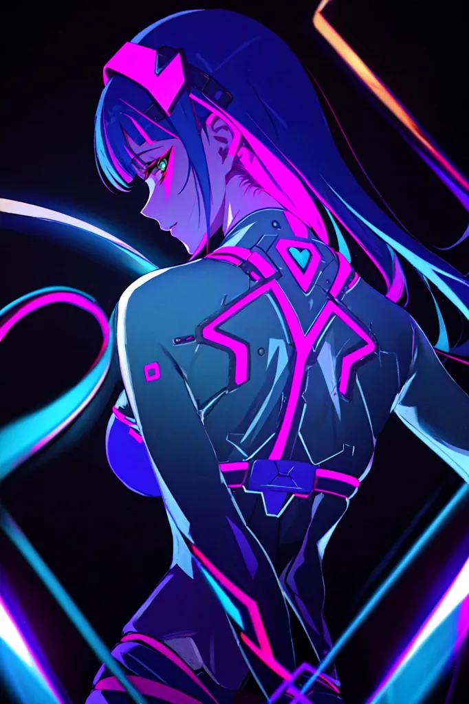 This is an image of a female character with long blue hair and pink highlights. She is wearing a black and blue bodysuit with pink and blue highlights. The character is standing with her back facing the viewer. The background is dark with bright neon lights.