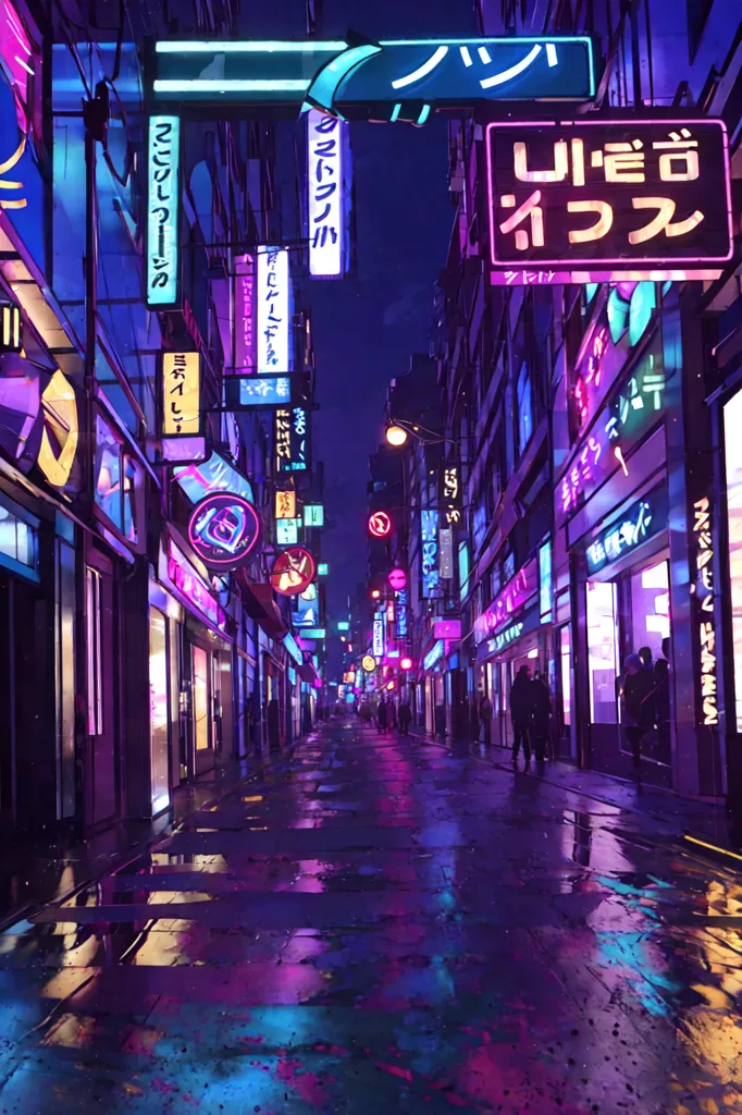 The image is a street scene in a cyberpunk city. It is night time and the street is lit by the neon lights of the shops and restaurants. The street is wet from the rain and there are puddles of water on the ground. There are a few people walking on the street, all of whom are wearing raincoats. The image is full of vibrant colors and sharp contrasts, which create a sense of excitement and energy.