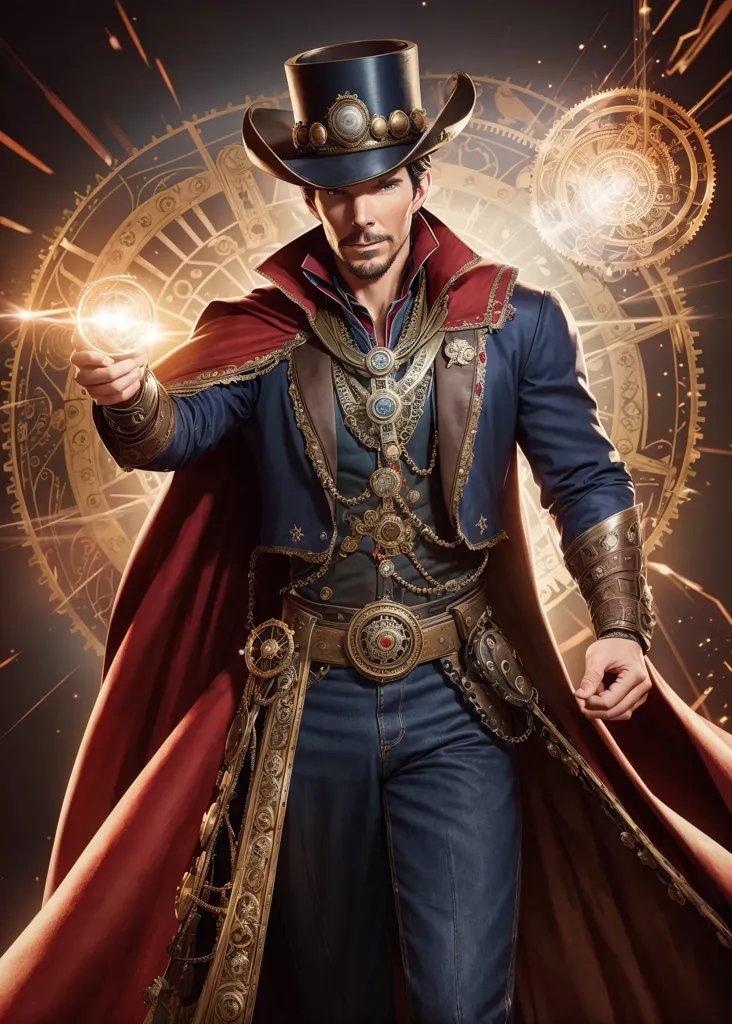 L'image montre un homme vêtu d'un costume de sorcier de style steampunk. Il porte un manteau bleu et un gilet marron, tous deux couverts de boutons dorés et de filigrane. Il porte également des gants en cuir marron et une ceinture en cuir marron avec une grande boucle dorée. Sur sa tête, il porte un haut-de-forme noir avec un ruban rouge. Ses cheveux sont sombres et ondulés, et ses yeux sont bleus. Il a une petite barbichette et une moustache. Il se tient devant un grand dispositif mécanique, et il tient une boule lumineuse dans sa main droite. Il a la main gauche tendue, paume vers le haut.