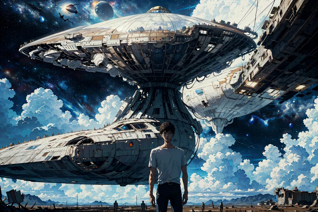 The image is set in a post-apocalyptic world. The sky is filled with dark clouds and there are ruins of buildings in the background. A large spaceship is hovering in the air and there is a figure standing in the foreground looking at it. The spaceship has a large dome-shaped structure on top and it is surrounded by smaller ships.