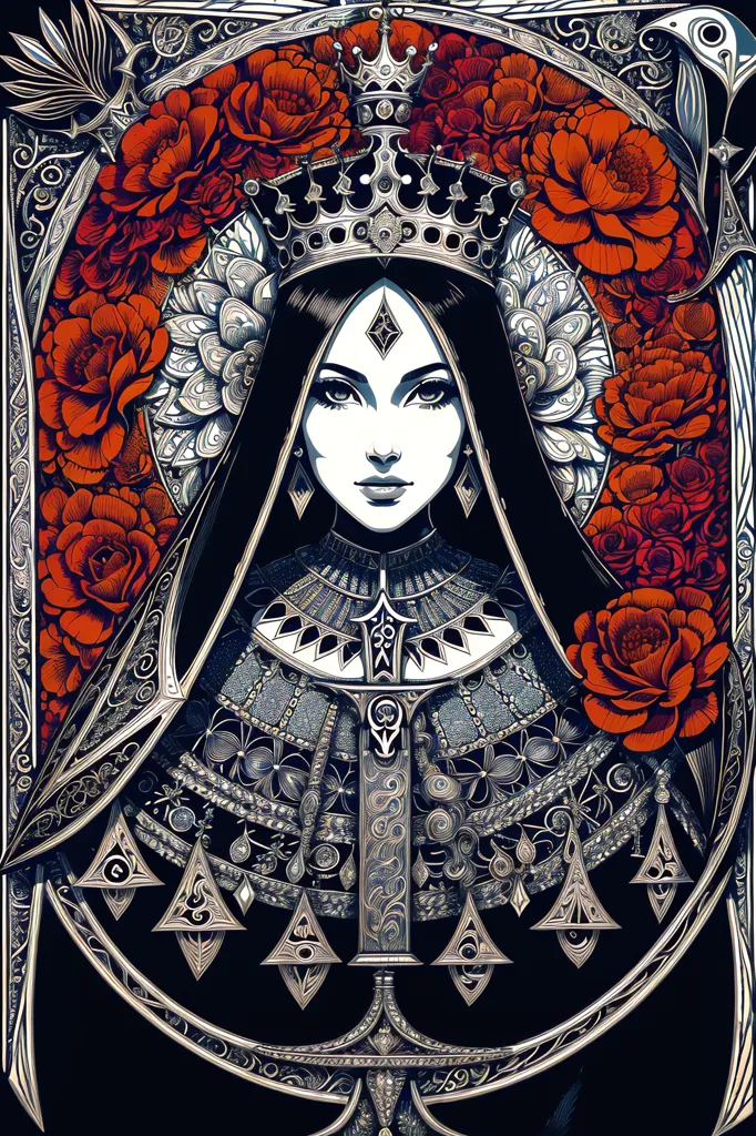 This is a picture of a woman with long black hair and a crown on her head. She is wearing a black dress with a white collar. There are red roses around her head and she has a sword in front of her. The background is black with a gray frame around it.