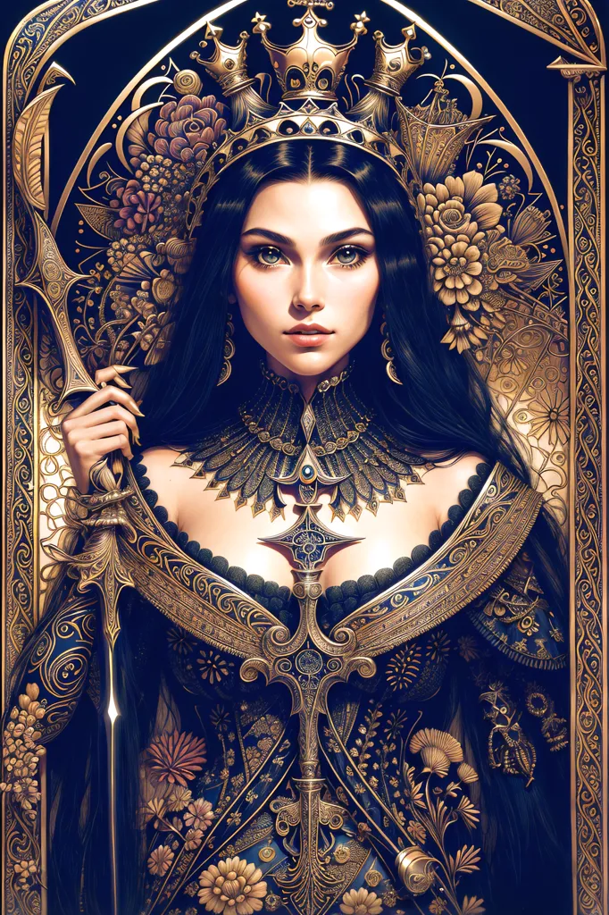 The image is a portrait of a young woman with long black hair and blue eyes. She is wearing a golden crown and a blue dress with a golden pattern. The dress has a sweetheart neckline and is off the shoulders. The woman is holding a sword in her right hand. The background is dark blue with a golden pattern. There are flowers on either side of the woman's head.