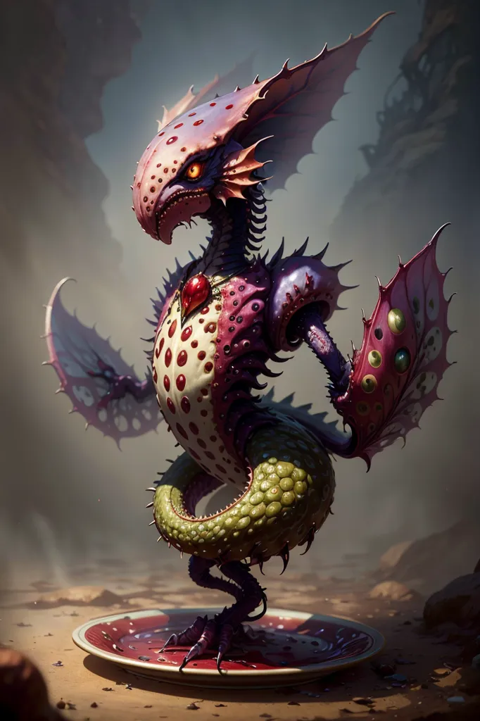 The image is a digital painting of a reptilian creature. It has a pink, bumpy body with purple wings and a green tail. The creature is standing on a plate and has a ruby embedded in its chest. It is surrounded by a dark background with a spotlight shining down on it.