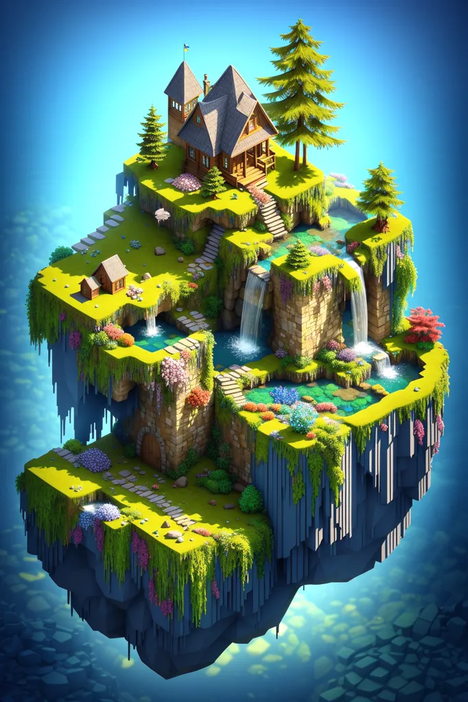 The image shows a small island floating in the sky. The island is covered in green grass and has a small house on it. The house is made of wood and has a grey roof. There are also some trees and flowers on the island. There is a waterfall coming down from the island. The waterfall is surrounded by rocks and moss. The water from the waterfall goes into a small lake. There are some fish swimming in the lake. The island is surrounded by clouds.