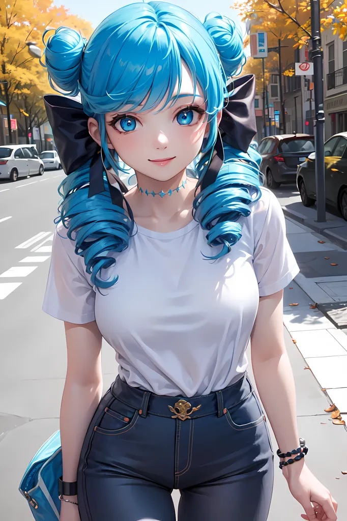 This is an image of a young woman with blue hair and blue eyes. She is wearing a white shirt, blue jeans, and a black necklace. She is also carrying a blue purse. The woman is standing on a city street with cars parked on either side. There are also trees and buildings in the background. The image is drawn in an anime style.