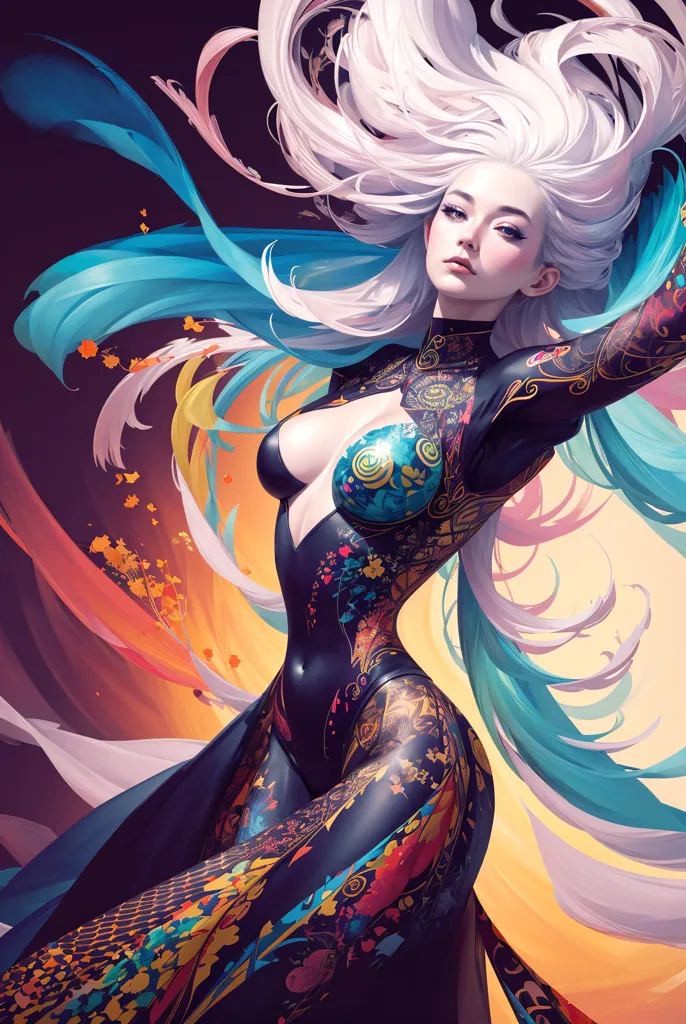 La imagen es una pintura de una mujer con el cabello blanco largo y ojos azules. Lleva un body negro con patrones florales de colores. El body tiene un cuello alto y mangas largas. La mujer está de pie en una pose dinámica, con los brazos extendidos y el cabello fluyendo detrás de ella. El fondo es un degradado de amarillo, naranja y rosa, con algunos destellos de azul y verde. La pintura está hecha en un estilo realista, con un sombreado suave y texturas detalladas.