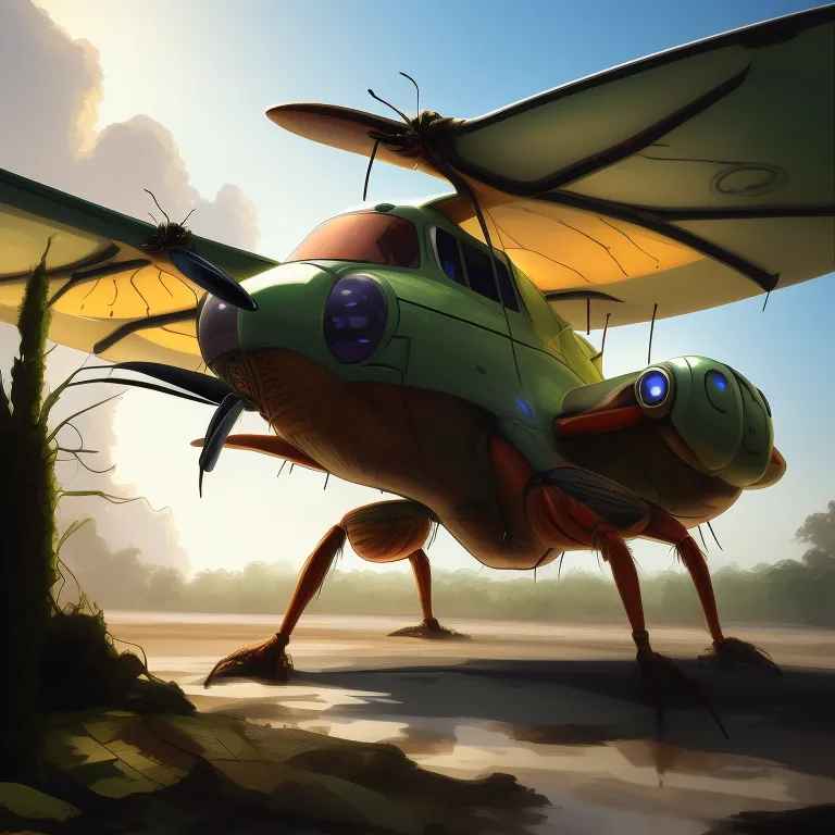 The image shows a green and brown insect-like aircraft. It has six legs, two of which are in the front and four in the back. The front legs are longer than the back legs. The aircraft also has two wings, which are attached to the back of the body. The wings are large and have a yellow and brown pattern on them. The aircraft has a large head with two blue eyes. The mouth is small and located on the underside of the head. The aircraft is standing on a brown ground. There are some dead trees and plants in the background. The sky is blue and there are some clouds in the distance.