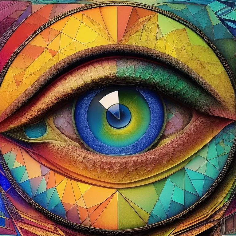 This image is a depiction of an eye. The eye is blue and green with a black pupil. The iris is surrounded by a yellow sclera. The eye is also decorated with various shades of pink, orange, purple, and teal. The background is a mosaic of different colors.