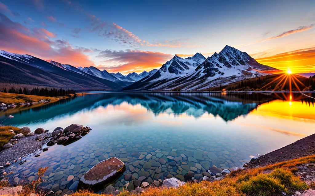 The image shows a beautiful mountain landscape with a lake in the foreground. The water in the lake is crystal clear and reflects the sky, mountains, and trees on the shore. There are some rocks in the foreground of the lake. The sky is a gradient of orange, yellow, pink, and blue. The sun is setting behind the mountains and is casting a golden glow over the scene. The mountains are covered in snow. The image is very peaceful and serene.