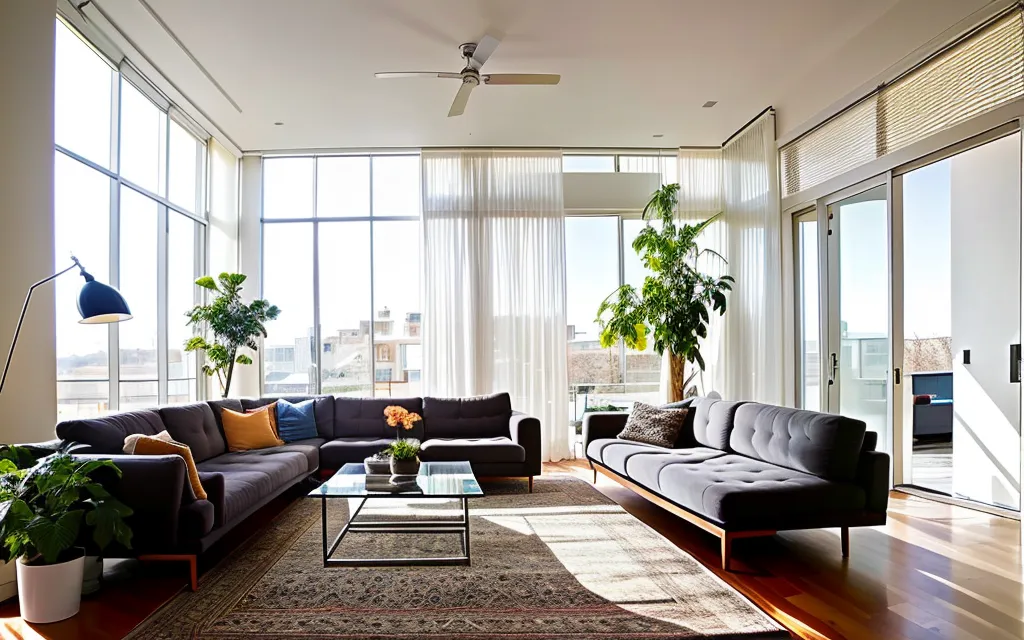 L'image montre un salon moderne avec de grandes fenêtres, un plafond haut et un parquet en bois dur. La pièce est meublée d'un grand canapé d'angle, d'une table basse et de plusieurs fauteuils. Il y a également plusieurs plantes dans la pièce. Les fenêtres sont habillées de rideaux blancs. Il y a un tapis gris au sol et un ventilateur de plafond blanc. La pièce est décorée dans une palette de couleurs neutres avec des touches de couleur apportées par les plantes et les œuvres d'art aux murs. Le salon est ouvert sur la salle à manger et la cuisine, en faisant un excellent espace pour recevoir des invités.