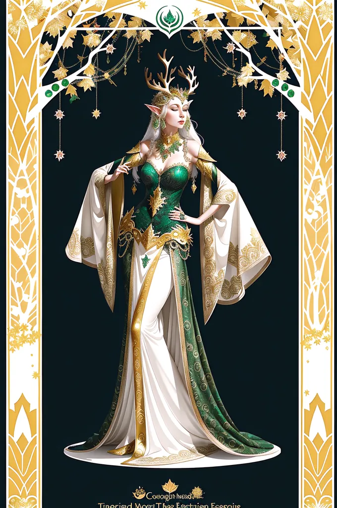 The image is of a beautiful elven woman with long, flowing hair the color of silver. She is wearing a green and gold dress with a white underskirt. The dress is trimmed with gold and has a long train. She is also wearing a gold necklace and a gold crown with antlers. She is standing in a forest, and there are trees and leaves in the background.