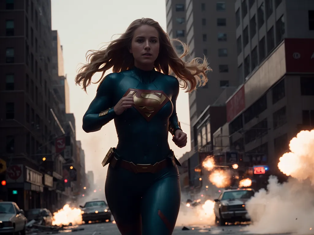 The image shows a woman running down a city street. She is wearing a blue and red superhero costume with a yellow cape. Her long blond hair is flowing behind her. The background of the image is a city with tall buildings and cars on the street. There are explosions happening in the background and smoke rising from the buildings. The woman is running towards the camera. She has a determined look on her face. She is wearing a utility belt and her costume has gold accents.