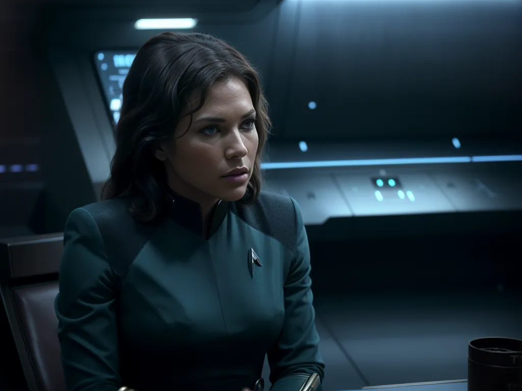 The image shows a woman sitting in a dark room. She has short brown hair and is wearing a dark green uniform with a Starfleet insignia on the collar. She is looking to the right of the frame with a thoughtful expression on her face. The background of the image is a dark blue wall with a large screen showing a starfield.