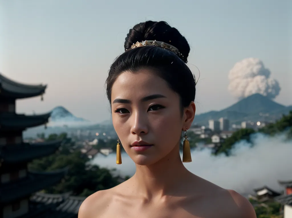 Une jeune femme asiatique se tient sur un toit dans un cadre traditionnel chinois. Elle porte une robe blanche avec une écharpe rouge et a les cheveux attachés en chignon. L'arrière-plan est une chaîne de montagnes avec un volcan en éruption à l'horizon. La femme regarde la caméra avec une expression sérieuse.