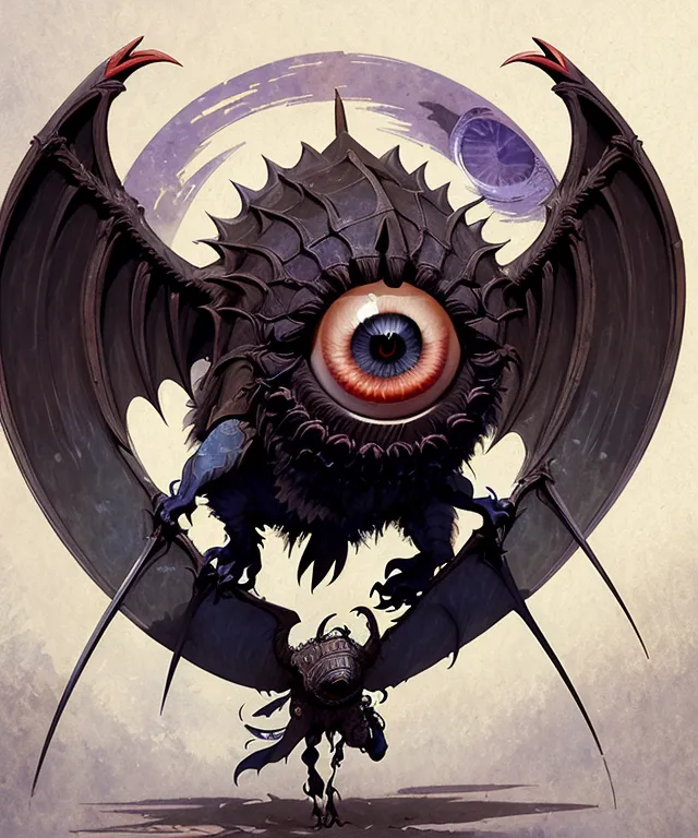 The image is of a large, black creature with a single eye in the center of its body. The eye is red and has a vertical pupil. The creature has six wings, each of which is a different color. The wings are black, red, blue, green, purple, and yellow. The creature also has a long, spiked tail. It is standing on a small, rocky hill. There is a person standing in front of the creature. The person is wearing a dark cloak and has a sword in their hand. The creature is looking at the person.