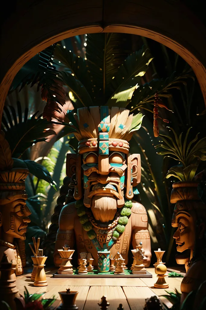 L'image est un rendu 3D d'une scène dans une jungle. Il y a une grande statue en bois d'un dieu maya assis sur un trône. La statue porte une coiffe et a une barbe. Devant la statue se trouve une table avec un échiquier. Il y a deux autres statues en bois assises de chaque côté de la table. Elles portent également des coiffes et ont des barbes. La scène est éclairée par un rayon de soleil qui passe à travers les arbres.