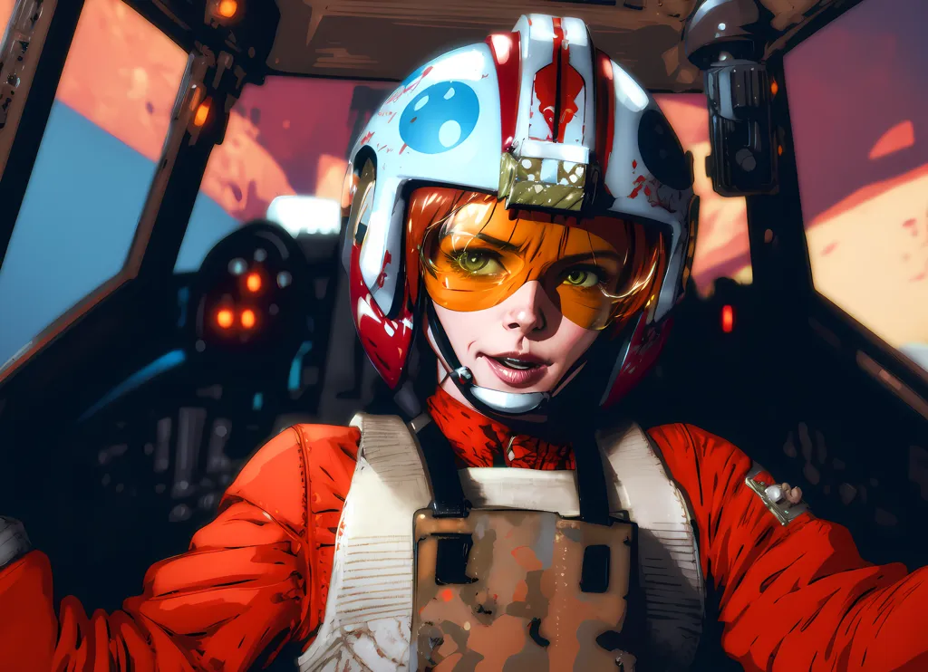 This is an illustration of a female pilot wearing a red flight suit and a white and red helmet with a blue circle on the forehead. She is sitting in the cockpit of a spaceship, and there are control panels and buttons all around her. The background is a bright orange color.