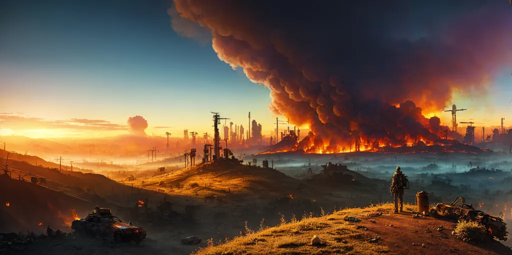 The image shows a post-apocalyptic landscape. The sky is filled with smoke and ash, and the ground is littered with debris. A large fire burns in the distance, and the ruins of a city can be seen in the background. A lone figure stands in the foreground, looking out at the devastation. The image is full of hopelessness and despair, and it seems like the world has ended.