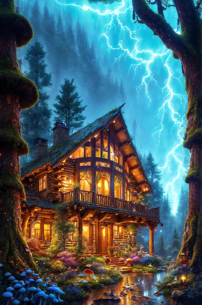 The image is a beautiful digital painting of a cabin in the woods. The cabin is made of logs and has a large balcony with a view of the forest. The trees are tall and the leaves are a lush green. The sky is dark and there is a lightning storm in the distance. There is a river in front of the cabin and there are some mushrooms and other plants growing on the ground.