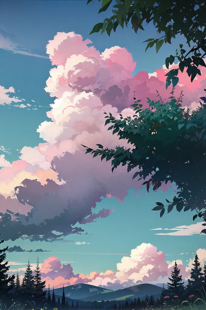 The image is a beautiful landscape painting. The sky is a gradient of blue and pink, with white clouds dotting the sky. There are two large trees in the foreground, with green leaves and pink flowers. In the background, there is a forest of trees and mountains. The painting has a soft, dreamy quality, and it is very calming to look at.