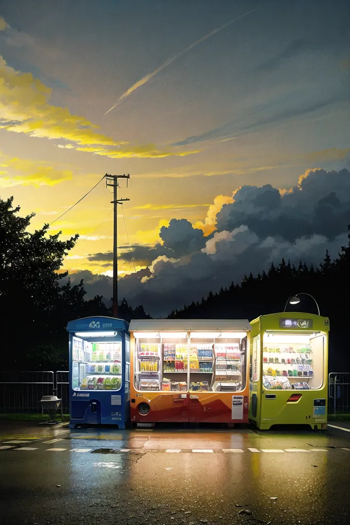 There are three vending machines under the vast sky. From left to right, they are blue, red, and yellow. There are many trees against the skyline. The sky is orange and cloudy. There is a street lamp on the right. There is a reflection on the wet ground.