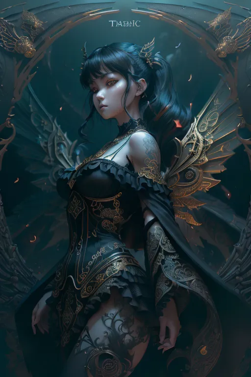 The image is a dark fantasy illustration of a beautiful woman with long black hair, dark blue eyes, and a curvy figure. She is wearing a black and gold corset with a long black skirt and has a pair of black wings. She is also wearing a necklace and a bracelet, and her hair is decorated with gold accessories. The background is dark and there is a blue light shining on her from the left side of the image.