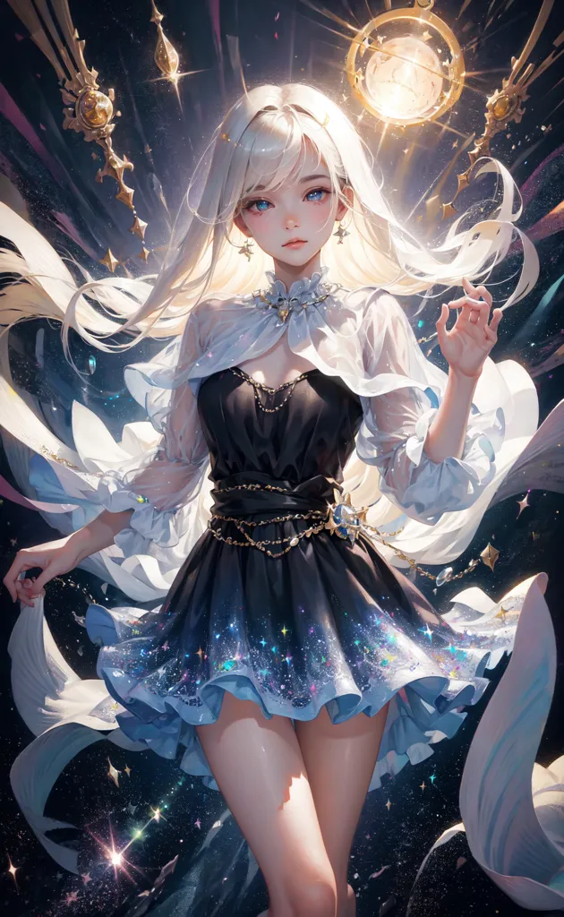 The image is of a beautiful anime girl with long white hair and blue eyes. She is wearing a black and blue dress with a white cape. There are stars and sparkles all around her, and she has a gentle smile on her face. She is standing in front of a dark blue background with a bright light in the top right corner.