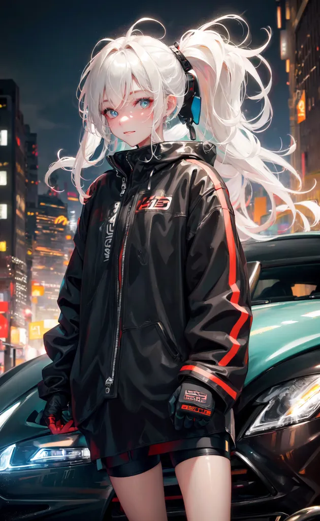 The image is an anime-style drawing of a young woman standing in front of a car. The woman is wearing a black jacket, red and black gloves, and black shorts. She has long white hair and blue eyes. The car is blue and has a spoiler on the back. The background is a blurred cityscape at night.