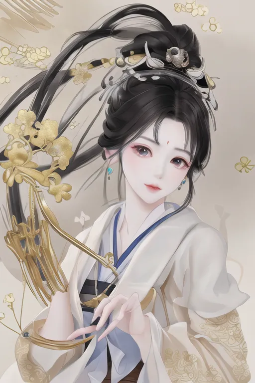 The image shows a beautiful young woman with long black hair and blue eyes. She is wearing a traditional Chinese dress with a white outer robe and a blue inner robe. The woman is standing in front of a white background and is holding a golden harp-like instrument with both hands. She has a gentle smile on her face and is looking at the viewer.