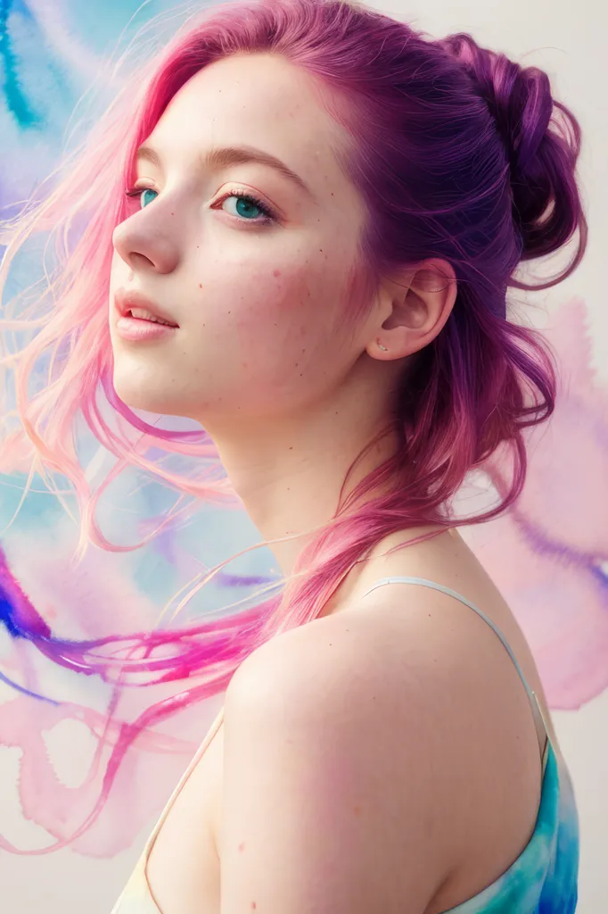 The image shows a young woman with pink and purple hair. The hair is pulled back into a loose bun. The woman has light makeup on and is wearing a white tank top. The background is a watercolor painting of blue, purple, and pink. The woman is looking to the right of the frame.