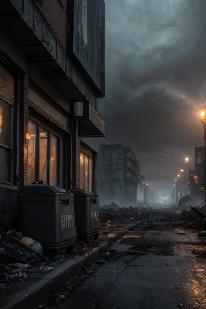 A imagem é uma cena de rua sombria e sombria. A rua está repleta de detritos e não há pessoas visíveis. Os edifícios estão em estado de deterioração e os candeeiros da rua estão a piscar. A única luz vem dos candeeiros da rua e da luz das janelas dos edifícios. A cena é pós-apocalíptica e parece ter sido abandonada há muito tempo.