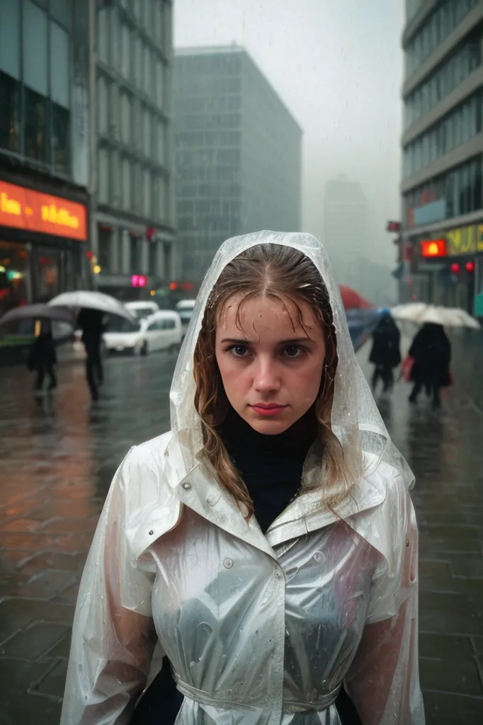 A imagem é um retrato de uma jovem mulher usando um casaco de chuva transparente com o capuz levantado. Ela está em pé em uma rua da cidade em um dia chuvoso. A rua está desfocada ao fundo com pessoas andando com seus guarda-chuvas. A mulher olha para a câmera com uma expressão neutra. Ela tem o cabelo molhado e o rosto molhado pela chuva. A imagem é realista e tem alta resolução.