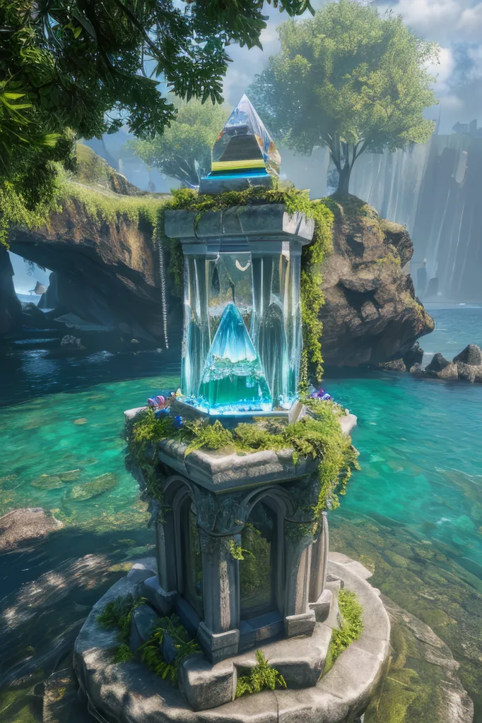 The image is of a magical fountain in a mystical forest. The fountain is made of stone and has a large crystal on top of it. The crystal is glowing blue and there is a blue liquid inside the fountain. The fountain is surrounded by trees and plants and there is a waterfall in the background.