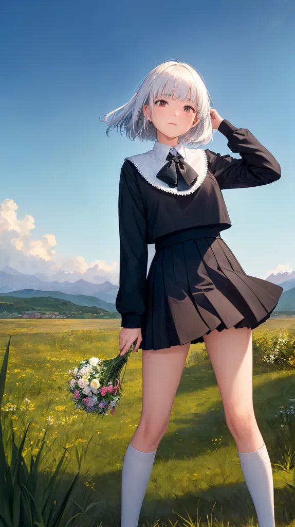 The image shows a girl with short white hair and grey eyes. She is wearing a black sailor-style uniform with a white collar and a pleated skirt. She is also wearing white socks and brown shoes. She is standing in a field of tall grass and wildflowers and is holding a bouquet of flowers. There are mountains in the distance. The sky is blue with a few white clouds.