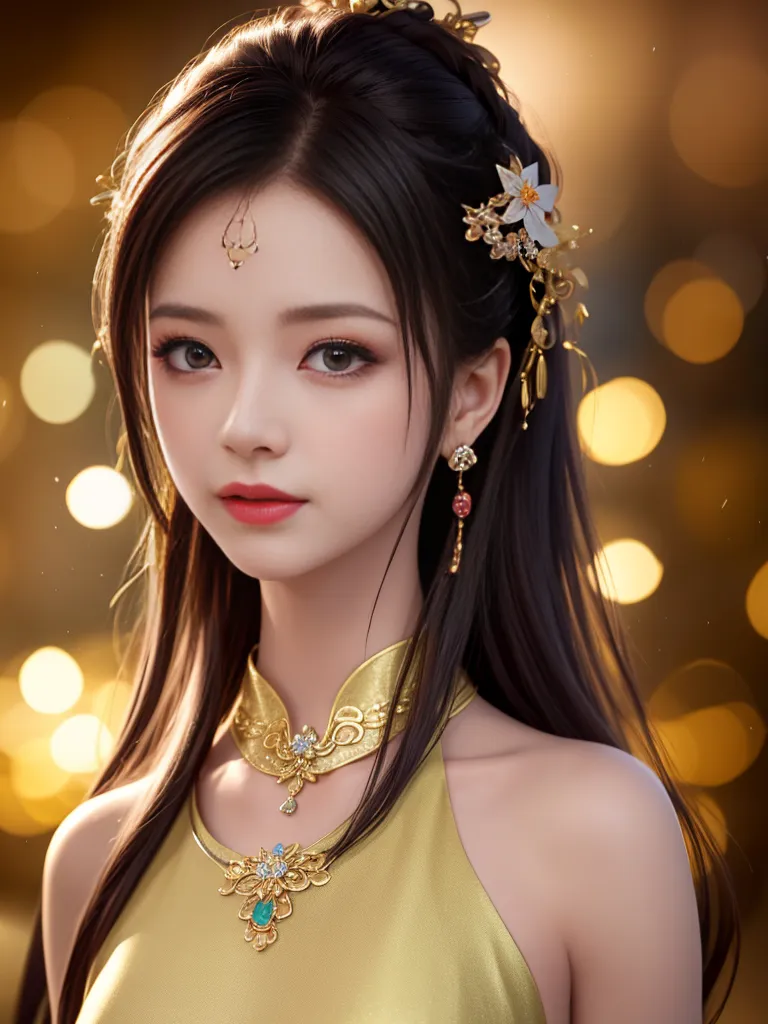 The image shows a young woman with long, dark hair. She is wearing a golden dress with a high collar and a necklace with a blue gem in the center. Her hair is styled in an elaborate updo with a white flower and gold hairpiece. She has a gentle smile on her face and is looking at the viewer with her head tilted slightly to the right. The background is a soft, golden blur with small, glowing lights that resemble stars.