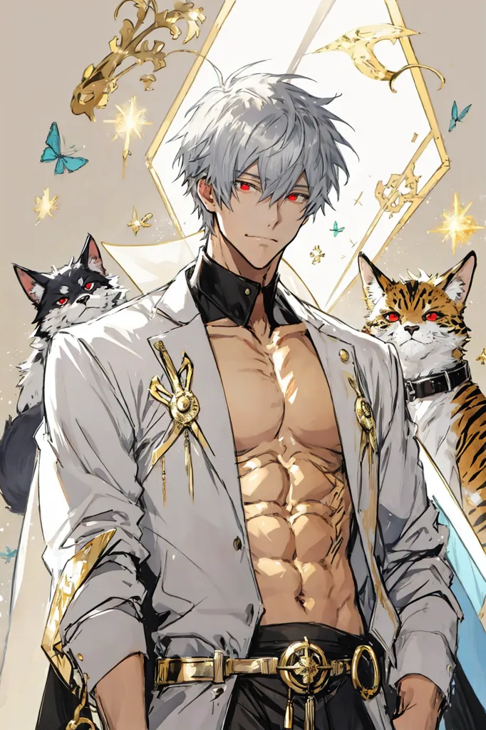 The image is of a handsome young man with silver hair and red eyes. He is wearing a white suit jacket and black pants. The jacket is open, showing off his muscular chest. He has a black choker around his neck and a gold belt around his waist. He is standing in front of a white background with a gold and white geometric pattern. There are two cats on his shoulders, a black cat on his left shoulder and a tiger cat on his right shoulder. There are also two butterflies on the left side of the image and stars and sparkles scattered around.