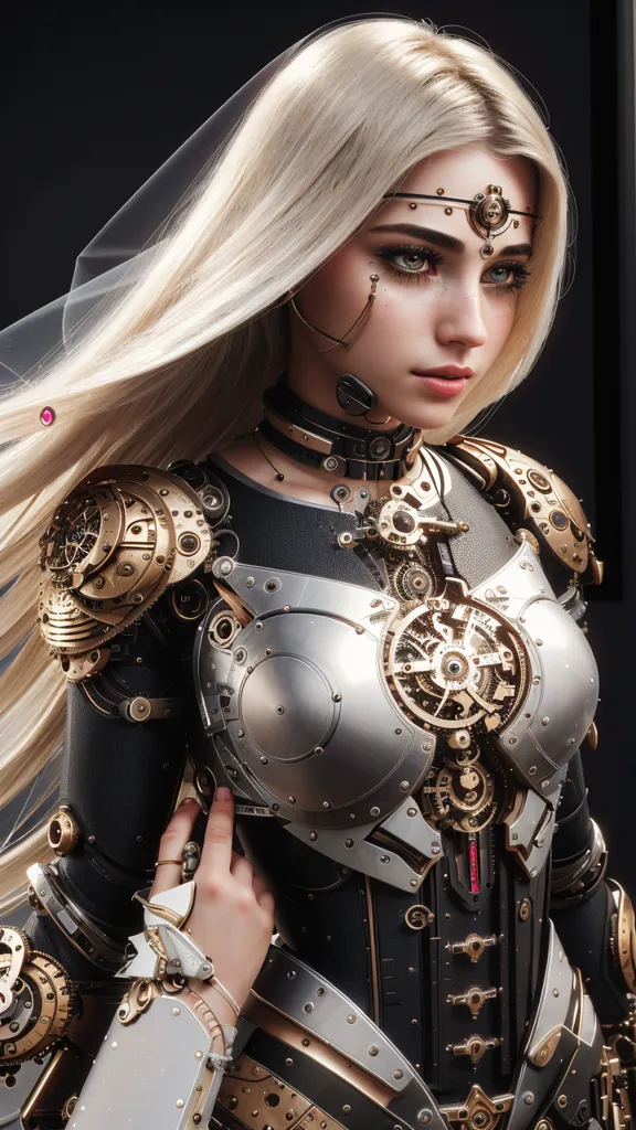 La imagen es de una hermosa mujer con cabello rubio largo y ropa de estilo steampunk. Lleva una coraza de metal con diseños intrincados y un reloj grande en el centro. También lleva un collar con un pequeño colgante de reloj. Sus ojos son de un color azul claro y tiene una pequeña marca de belleza en la mejilla izquierda. Está de pie frente a un fondo oscuro y hay una luz brillante que la ilumina desde el lado derecho de la imagen.