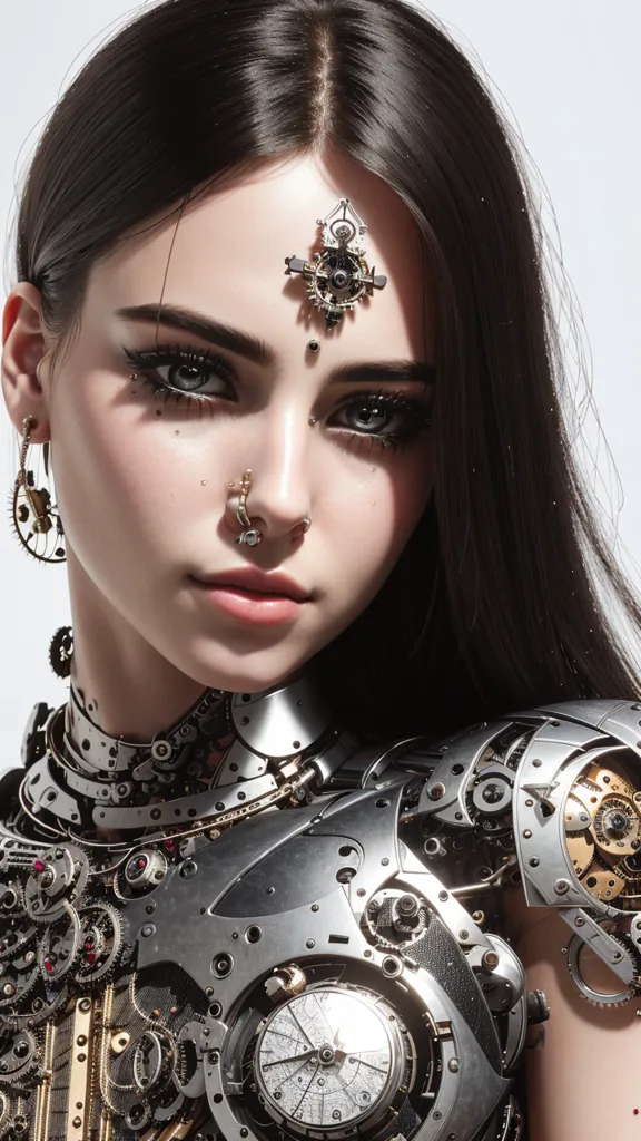 A imagem mostra uma mulher jovem com cabelos pretos longos. Ela está usando um corpete de metal prateado decorado com acessórios steampunk. A mulher tem uma expressão séria no rosto. Sua sobrancelha direita está levantada. Ela está olhando para a câmera.