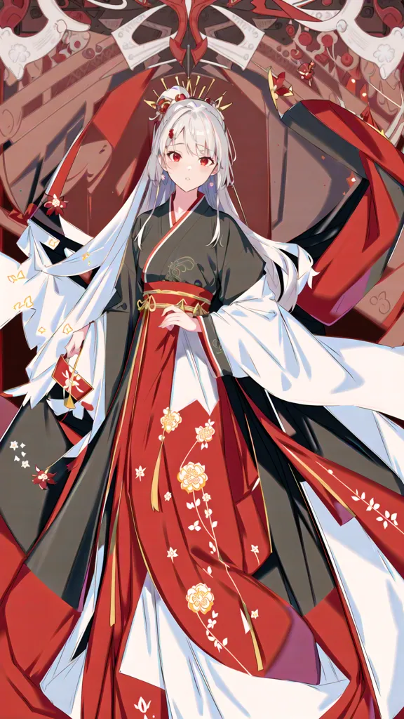 L'image montre une fille aux longs cheveux blancs et aux yeux rouges. Elle porte un kimono rouge et noir avec des accents blancs et dorés. Le kimono a un motif floral et est attaché avec un obi rouge et blanc. Elle porte également un haori blanc avec une bordure rouge et dorée. Ses cheveux sont coiffés en hime-cut avec de longues extensions ondulantes. Elle se tient devant un écran rouge et doré (byo).