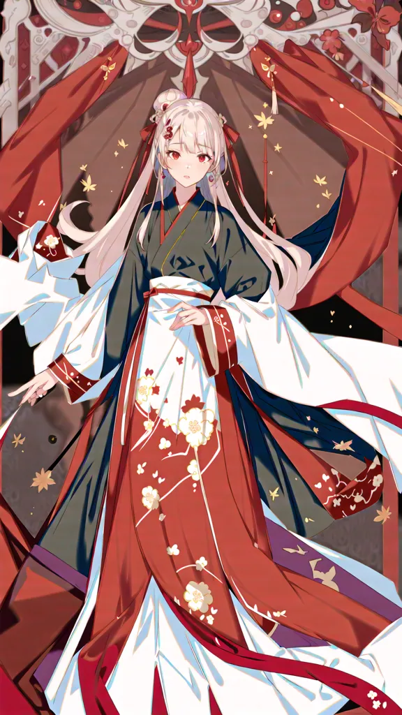 L'image montre une femme portant un kimono rouge et blanc avec un obi blanc. Le kimono a un motif floral et un col blanc. La femme a de longs cheveux blancs et des yeux rouges. Elle se tient devant un rideau rouge avec un cadre doré.