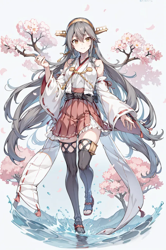 The image is of a young woman with long silver hair and yellow eyes. She is wearing a white and red kimono with a red skirt and a white obi. She is also wearing a pair of white tabi socks and a pair of zori sandals. She is standing in a pool of water, and there are cherry blossoms falling around her. There are also cherry blossom trees in the background. The image is drawn in a realistic style, and the colors are vibrant and bright.