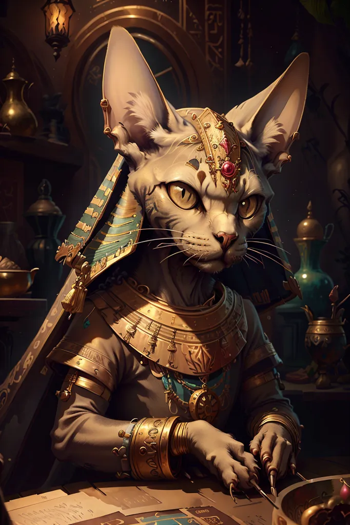 This image shows a Sphynx cat dressed in ancient Egyptian clothing. The cat is wearing a golden collar, a golden headdress, and a golden belt with a red jewel in the center. The cat is sitting on a chair and is holding a scroll in its hands. The cat is looking at the viewer with a serious expression. The background of the image is a dark room with a large clock on the wall.