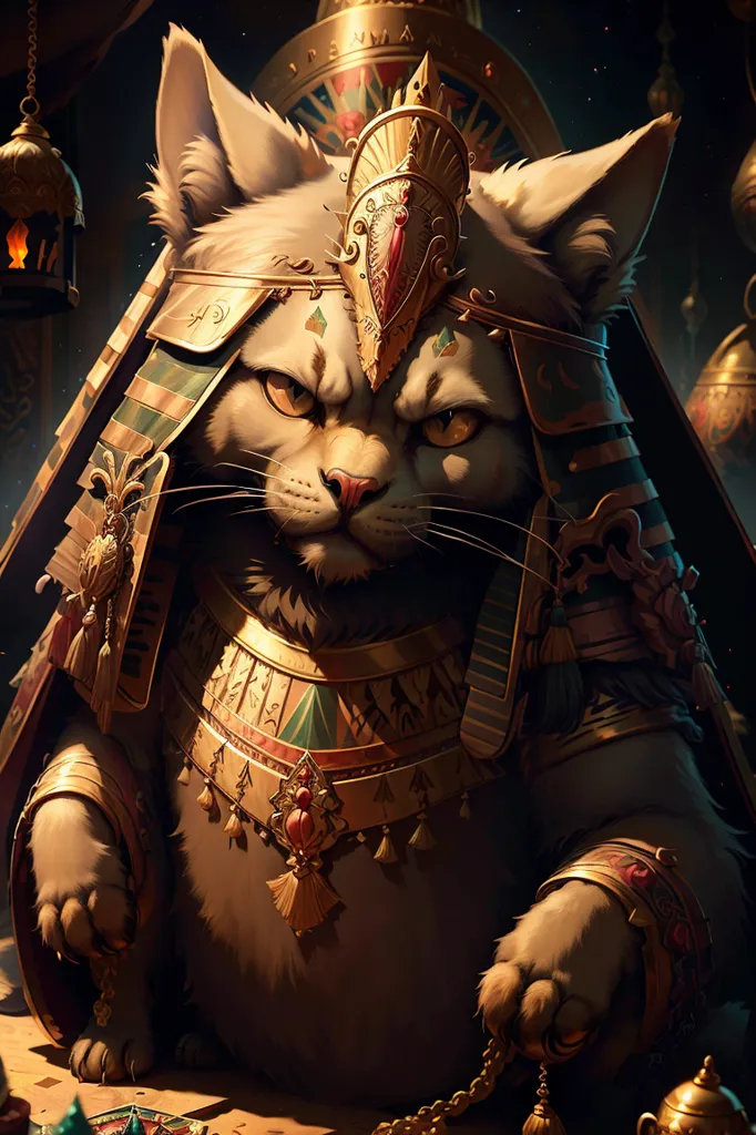 The image shows a cat wearing an elaborate headdress and collar. The headdress is made of gold and has a red jewel in the center. The collar is made of gold and has several different colored jewels. The cat is sitting on a table and there are several objects on the table including a golden scepter, a golden orb, and a golden cup. The cat is looking at the viewer with a serious expression.