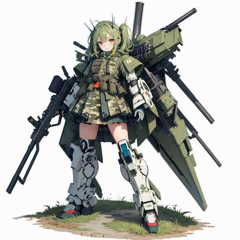 The image is of a young woman with green hair and green eyes, she is wearing a military-style outfit and is armed with a large gun and a shield. She is standing in front of a large green and white mech. The mech has a large cannon on its right arm and a smaller cannon on its left arm. It also has a large backpack with a pair of wings attached to it. The woman is looking at the viewer with a determined expression on her face.