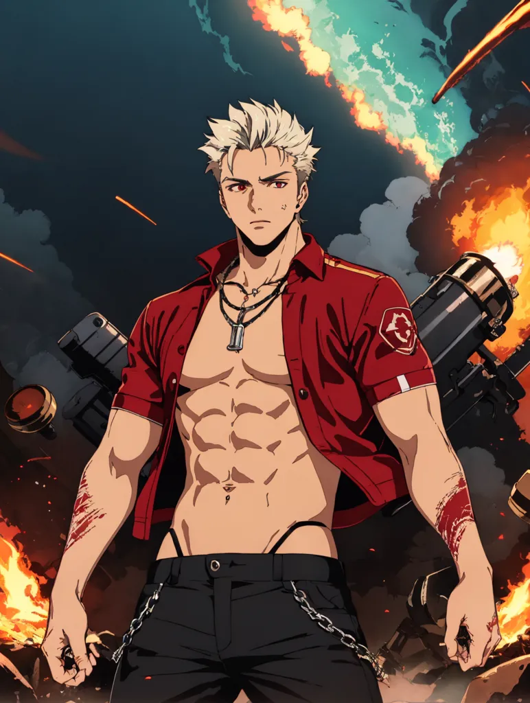 This is an image of a muscular man with white hair and red eyes. He is wearing a red shirt that is unbuttoned, showing off his abs. He is also wearing black pants and a necklace with a pendant. He is standing in front of a fiery explosion. There are also bullet casings and debris flying through the air.